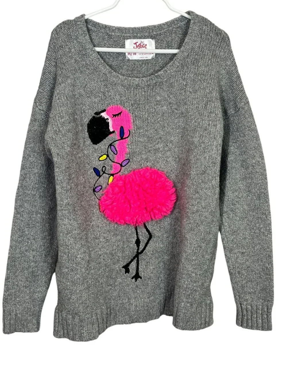 Justice Girls Gray Flamingo Sweater Size 14/16 Pom Pom Knit Pullover